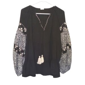By Together Womens Top Sz S Black Babydoll Boho Bohemian Puff Sleeve Embroidery